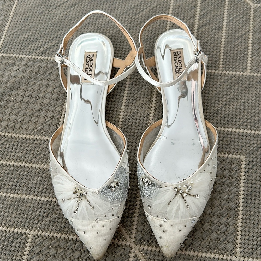 Badgley Mischka Silver and White Embellished Pointed-Toe Sandals